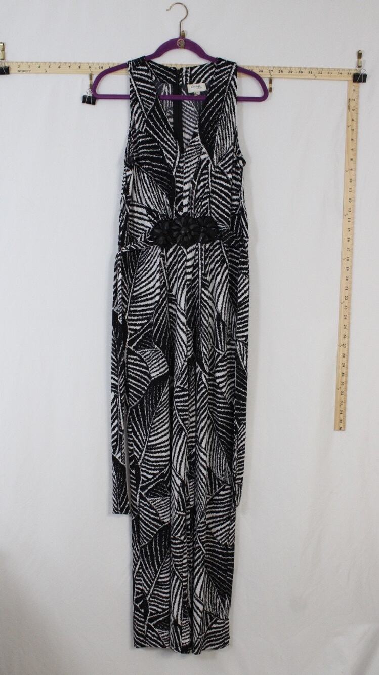 Beige by ECI Women Size 10 Wide Leg Jumpsuit Black White Beaded Formal V Neck